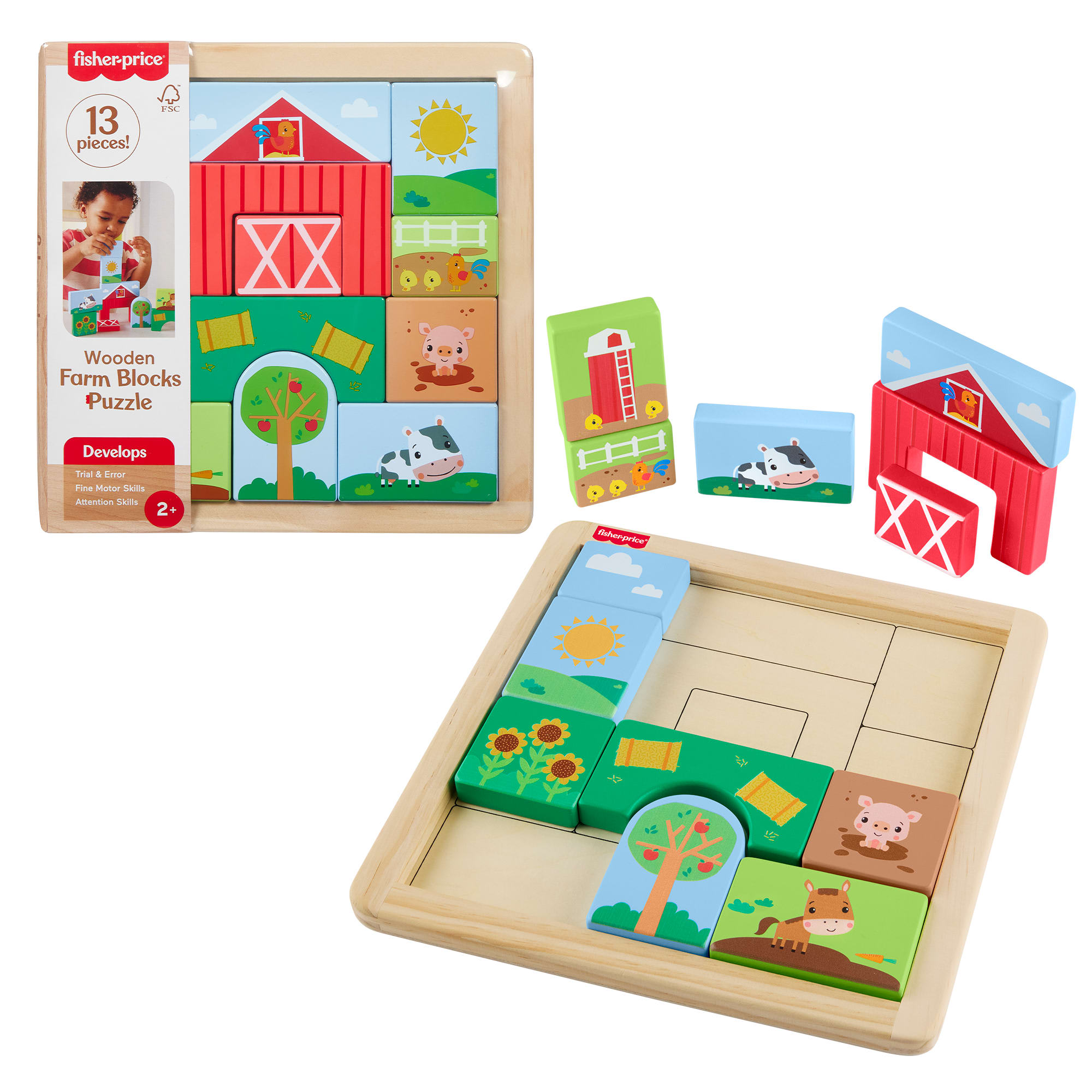 010647c3b963633f8a12da80e953a5533ecdc470_f1653ef7-2008-427b-af15-92f4978fb76e Fisher-Price Wooden Farm Blocks Puzzle Activity Toy For Toddlers & Kids, 14 Wood Pieces - Image 1