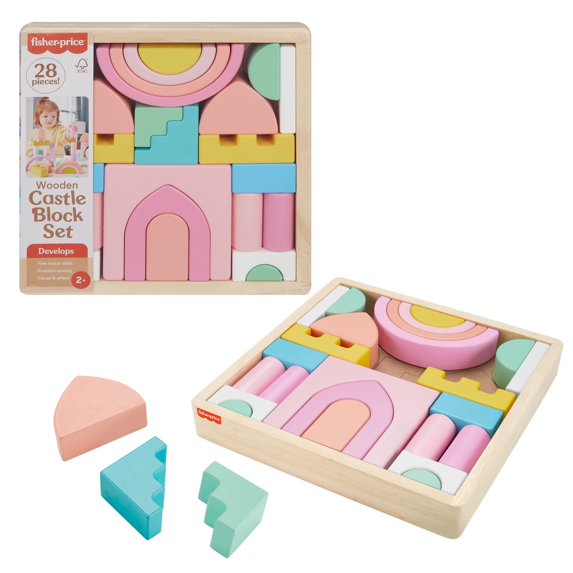 1ee141aade5ed802ce393e5003e9700ab17b6c7c Fisher-Price Wood Toddler Toy Castle Block Set, 28 Wooden Pieces For Stacking Developmental Play Preschool Kids Ages 2+ Years - Image 1