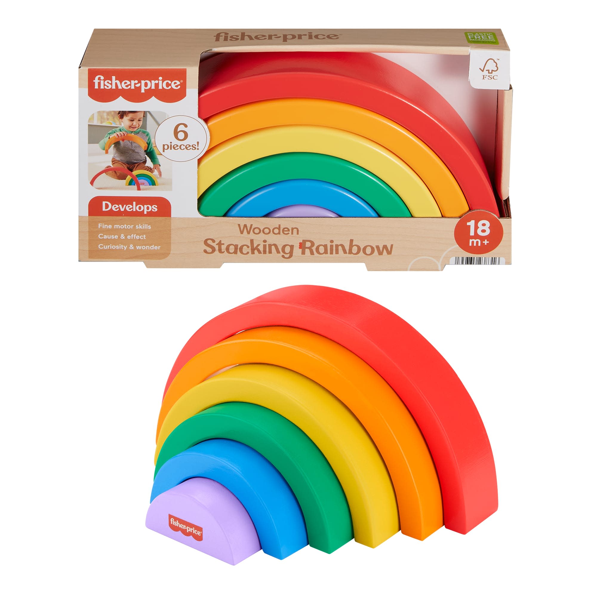 20368c614abb46fcd65ba5e9641c8ebf61641d1b_4c6b9f6b-2bbd-49d3-b958-2d5bebae6326 Fisher-Price Wooden Stacking Rainbow, Building Toy For Toddlers, 6 Wood Pieces - Image 1