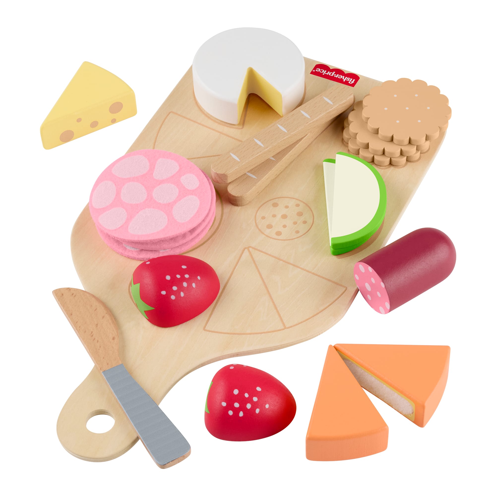 24449e7a08d5361726f95a3099ebbd52e3e875ae Fisher-Price Wooden Charcuterie Board Pretend Playset For Kids With 19 Wood & Fabric Pieces - Image 1