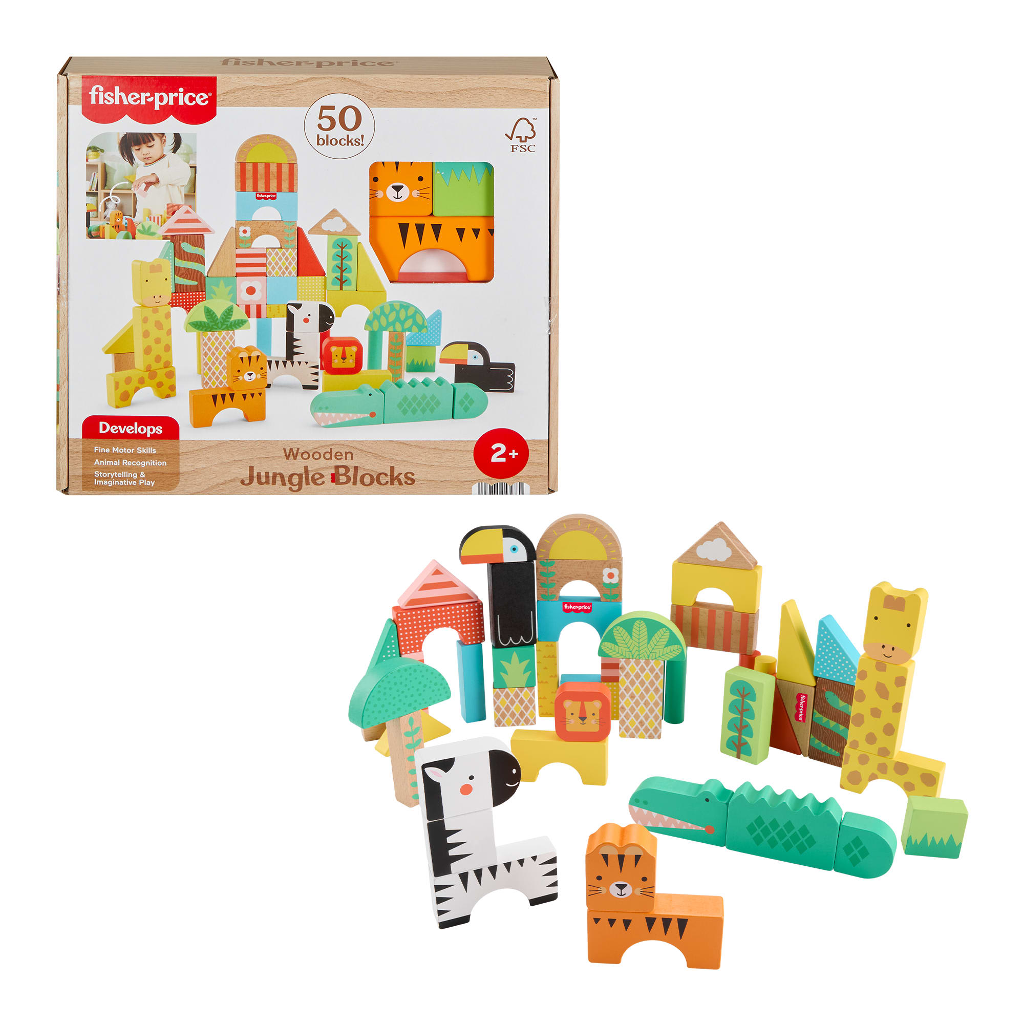 29e837c8da8b9fc194840d2025d24b8734ddff6a_0dc882bd-f7d7-406d-a035-bcbf8cd2b8ba Fisher-Price Wooden Jungle Blocks, Animal-Themed Building Set For Toddlers, 50 Wood Pieces - Image 1