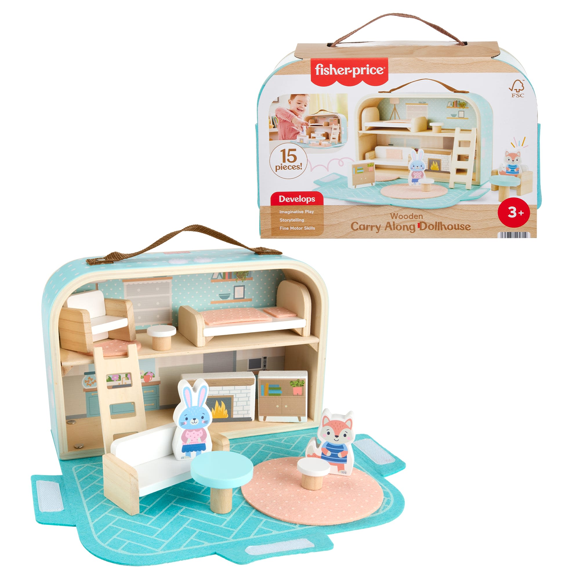 3624ae78493d1c9aa4be8759331888fbba18f519 Fisher-Price Wooden Carry Along Dollhouse Portable Playset For Preschool Kids, 15 Pieces - Image 1