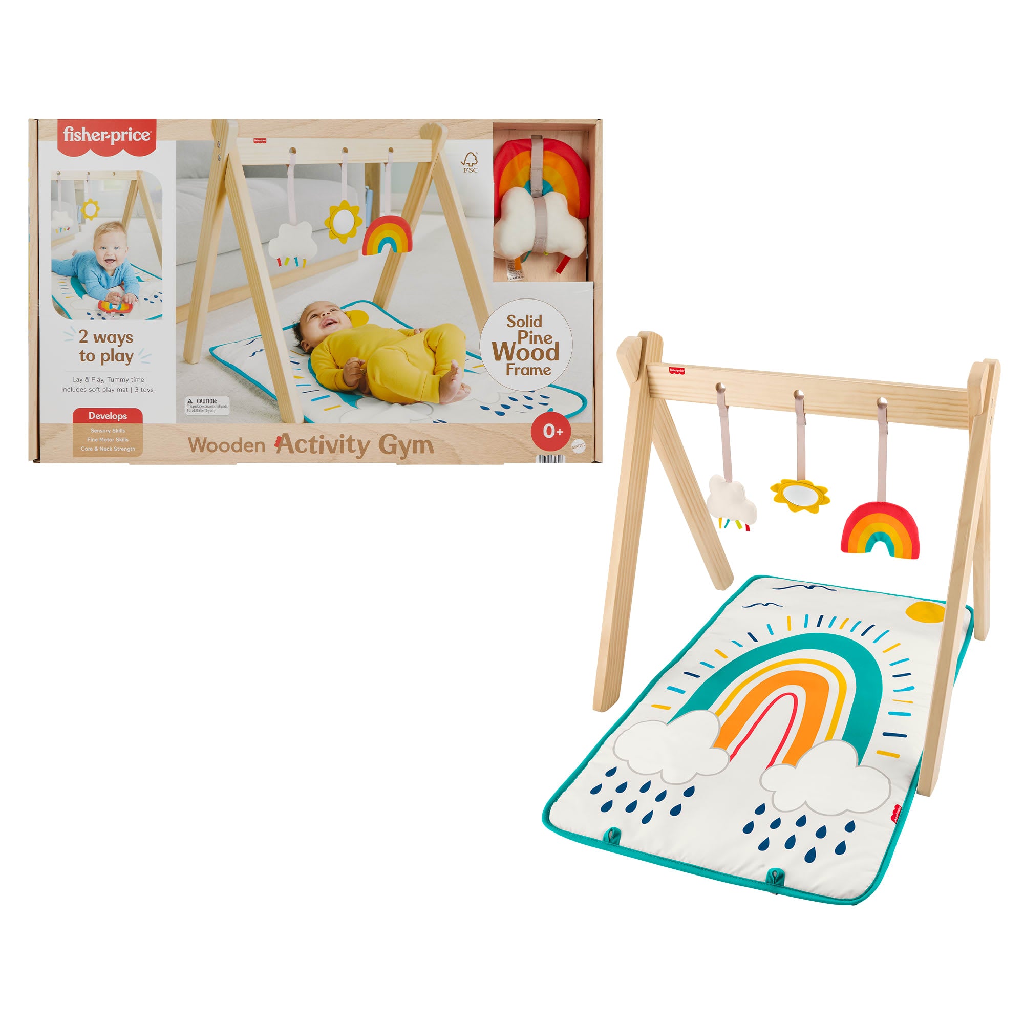 427ea808ae4a02739e3d19b608650a4f059182af Fisher-Price Wooden Activity Gym, Wood Frame With 3 Sensory Toys & Mat For Newborn Babies - Image 1