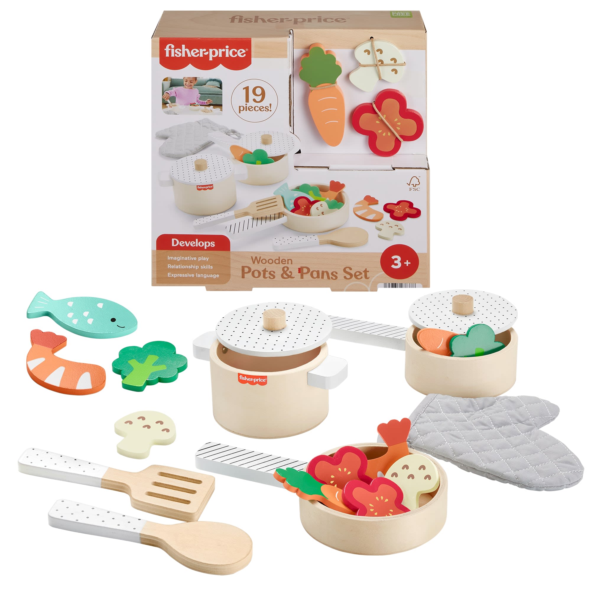 4436da1df4de070e81baab433d537c92415c9982 Fisher-Price Wooden Pots & Pans Set For Preschool Kitchen Pretend Play, 19 Wood Pieces - Image 1