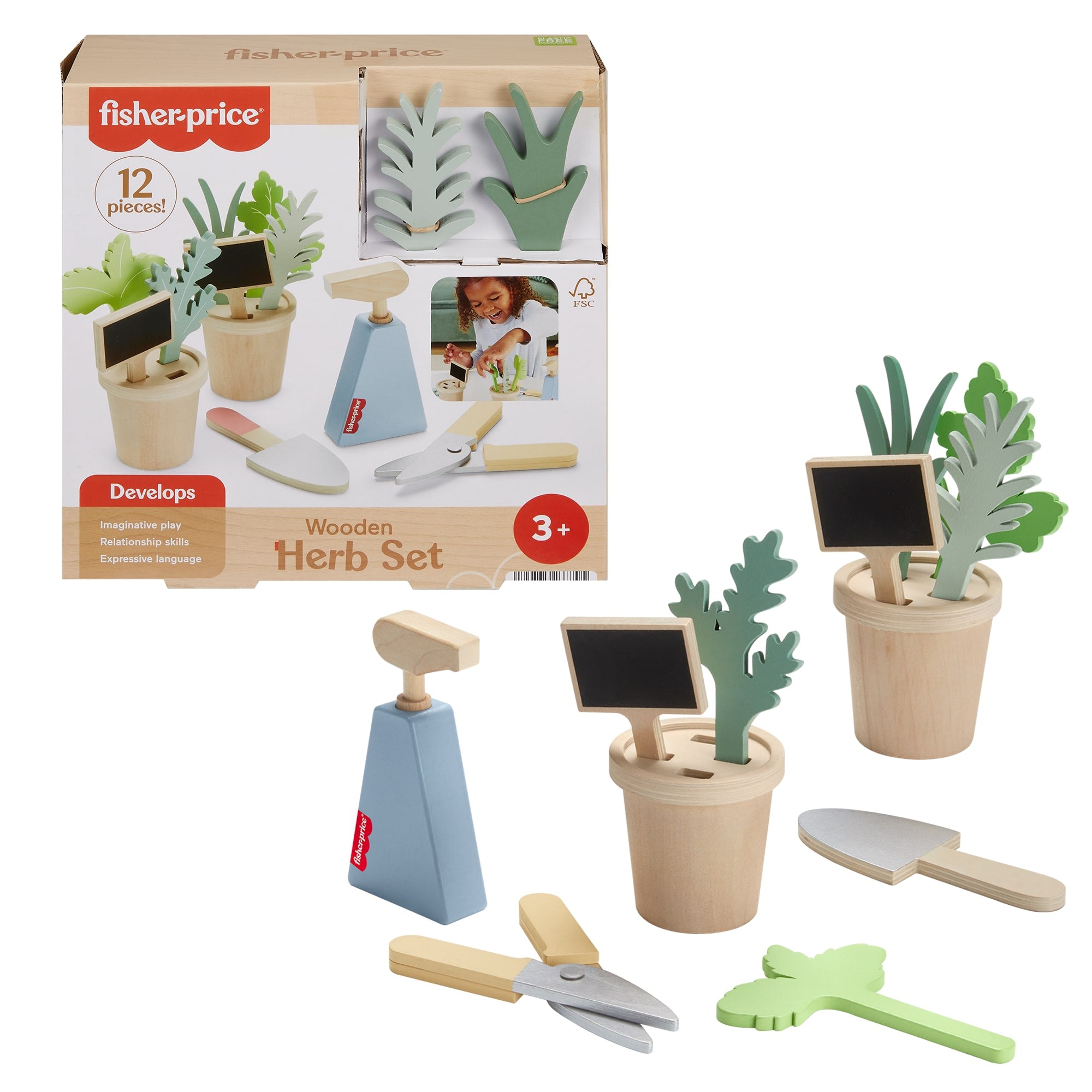 44621b34a2f86a1dfeca001fe7796186154927e8 Fisher-Price Wooden Herb Garden And Tools Pretend Playset For Preschool Kids, 12 Wood Pieces - Image 1