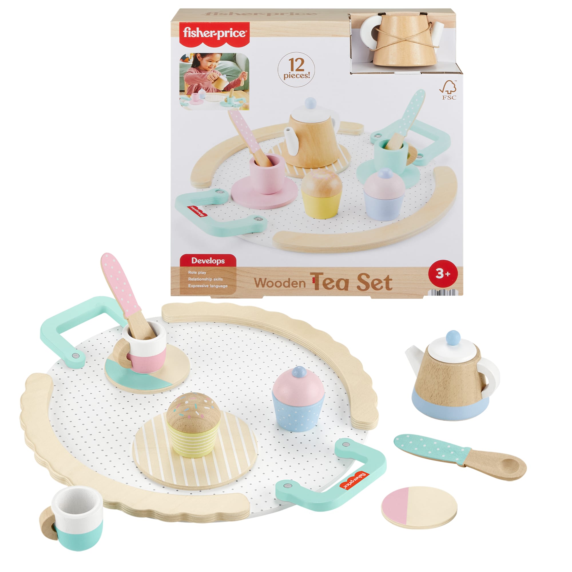 541bd15020dbd36469ae41cab1871b50f57c4996 Fisher-Price Wood Pretend Play Toy Tea Set, 12-Piece Wooden Playset With Teapot, Cups & Saucers For Preschool Kids Ages 3+ Years - Image 1
