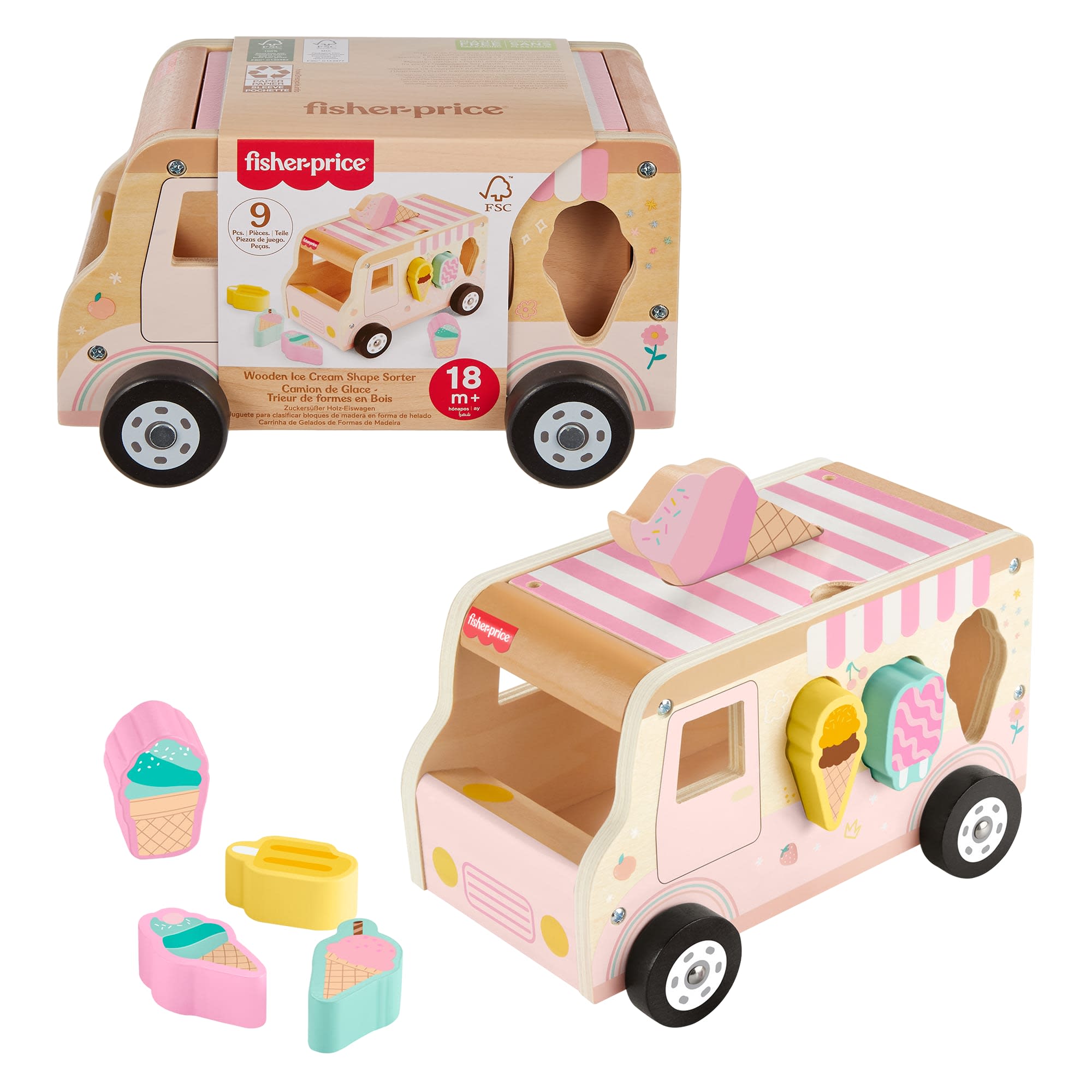 5895f25f0ca831b91597f2a6bced12ec7d587cb9 Fisher-Price Wooden Ice Cream Shape Sorter Set For Toddlers & Kids, 9 Wood Pieces - Image 1