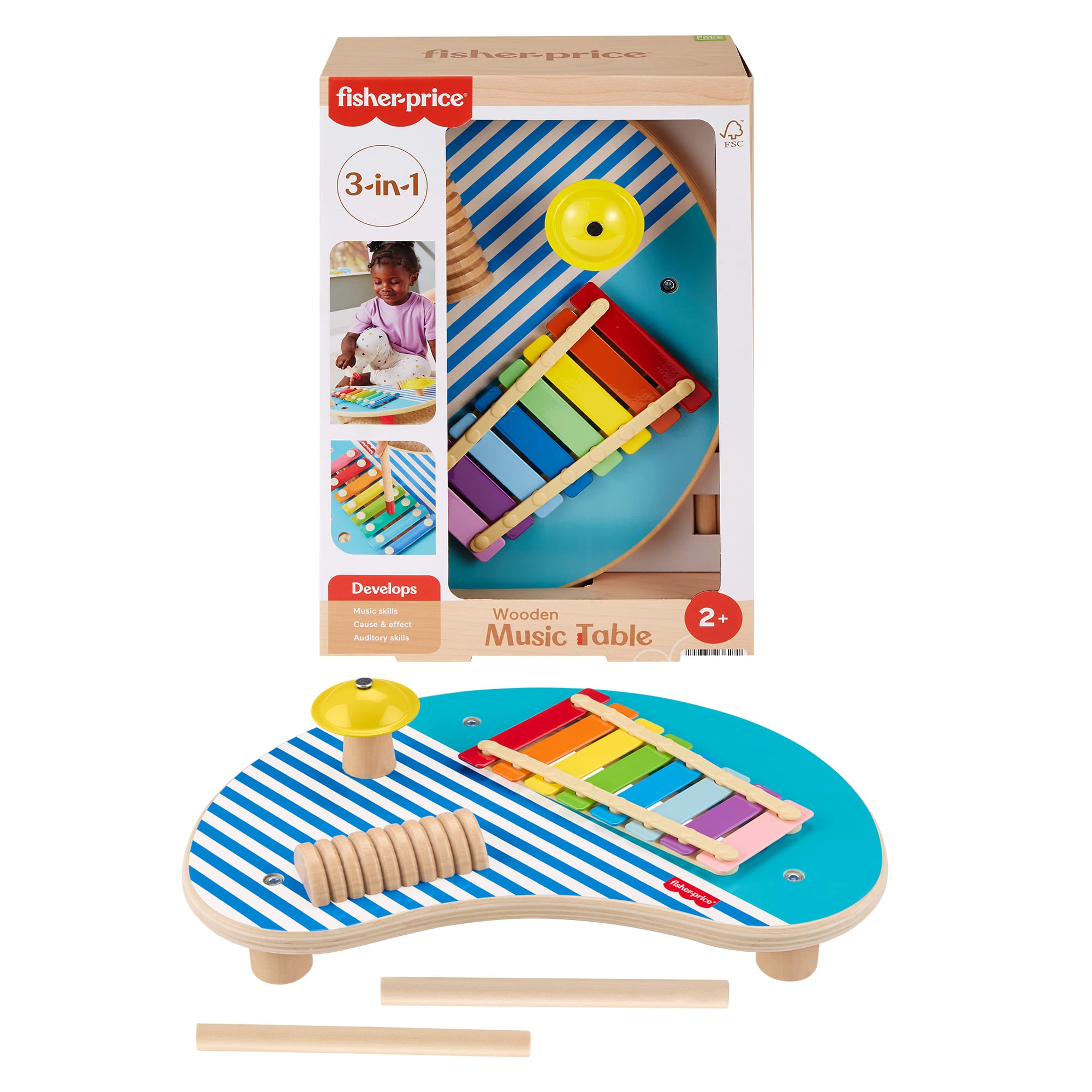 68e904d31bcfba87d97bda04f1ed7fc7cd455a65 Fisher-Price Wooden Musical Table With Percussion Instrument Toys, 3 Wood Pieces - Image 1