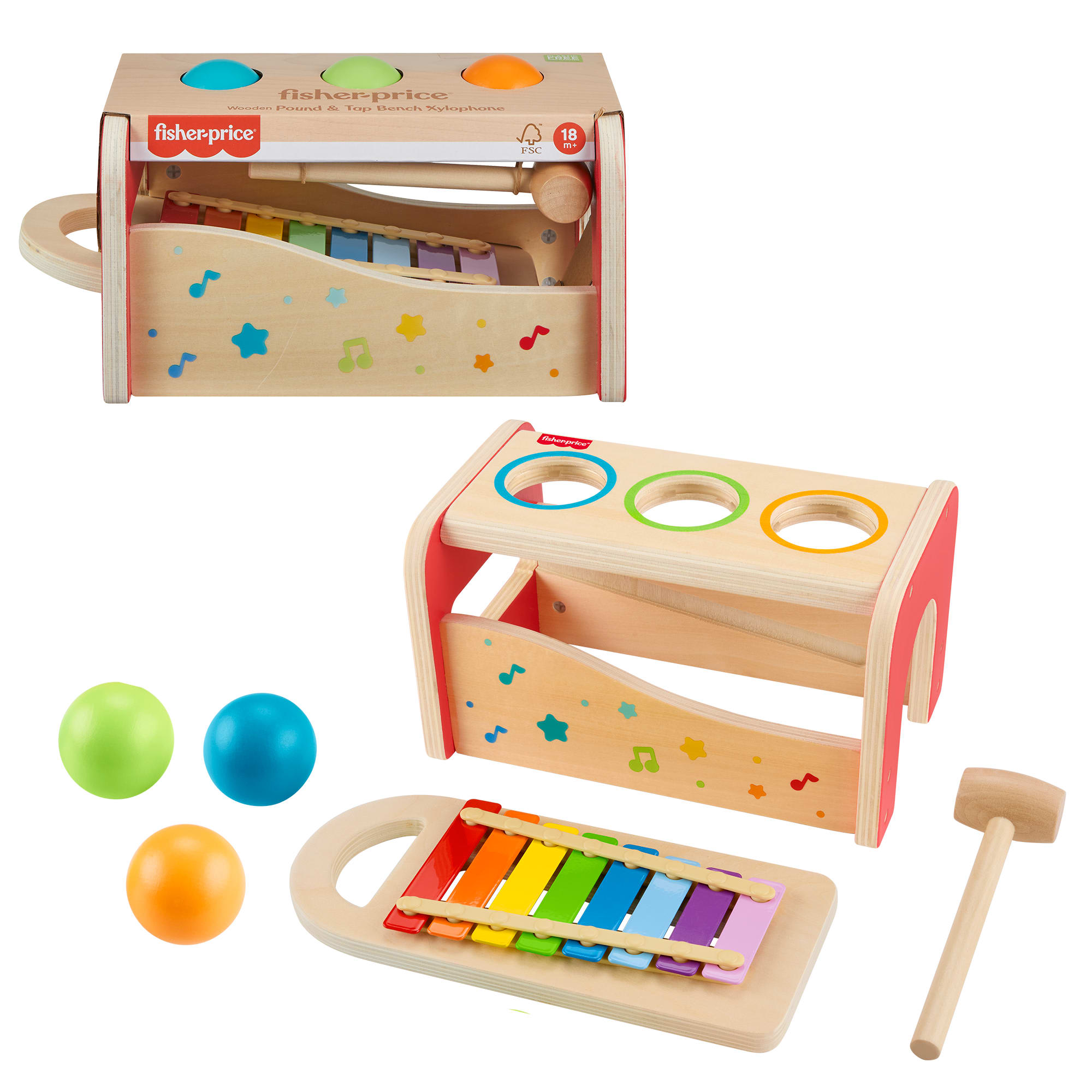 6db24a6b701e124873d4e90d3f1206301491f0fc Fisher-Price Wood Toddler Toy Pound & Tap Bench Xylophone, 6-Piece Wooden Musical Activity For Preschool Kids Ages 18+ Months - Image 1