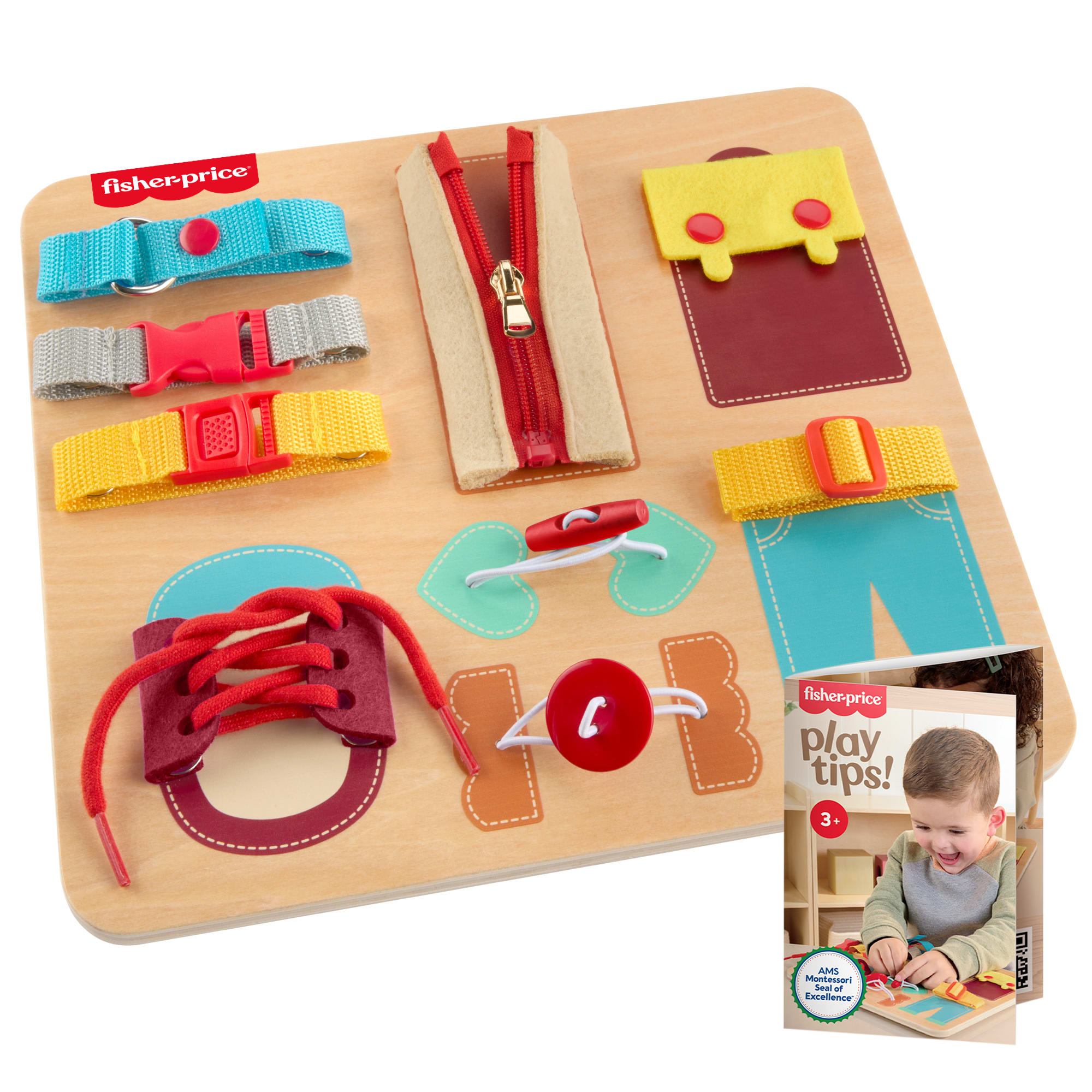 77564cec14f4cb43c45a0fb0ab81205d862e08b4_d7252539-2f8b-48f3-81b2-0b88d74c9dba Fisher-Price Montessori Wooden Dressing Busy Board Learning Activity For Kids - Image 1