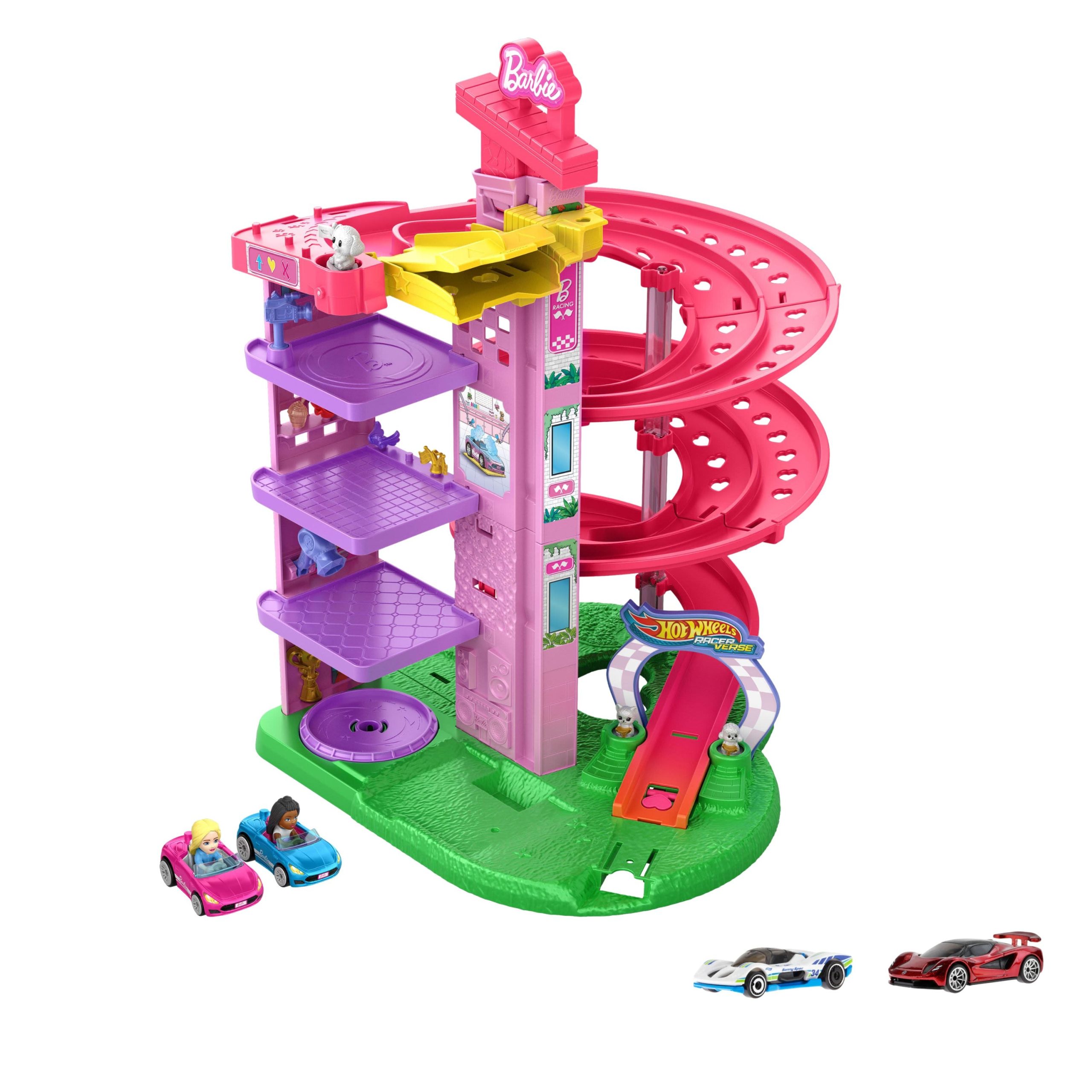 HWBarbie_Trackset_Bundle.jpg Bundle: Hot Wheels RacerVerse Barbie Spiral Race Track + 2 Assorted 1:64 Scale Vehicle - Image 1