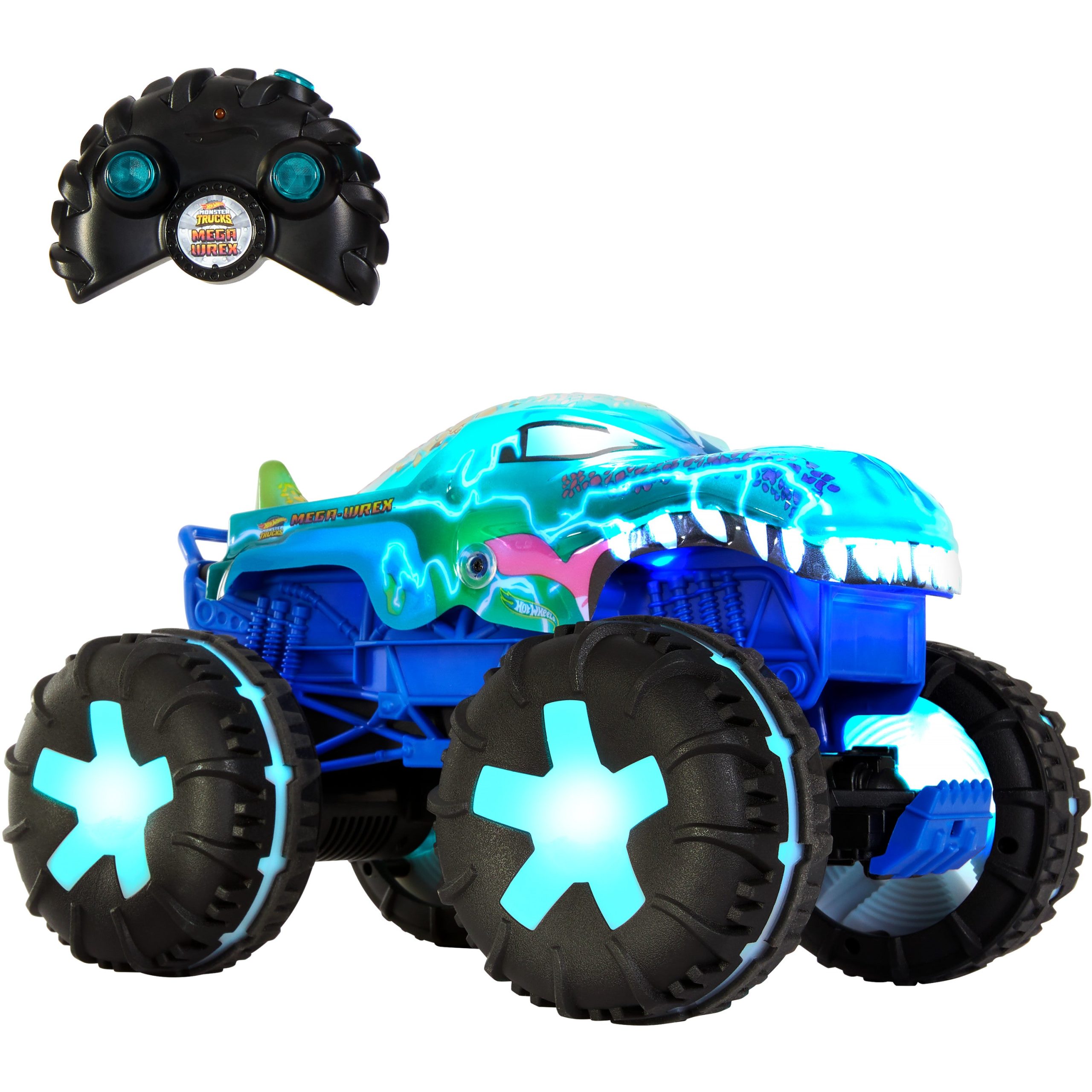 HWW53_eRetail_Assets__without_Feature_Callouts__1.jpg Hot Wheels Monster Trucks 1:15 Scale Mega-Wrex Alive Remote-Control Vehicle, Battery-Powered RC with Interactive Lights & Sounds - Image 1