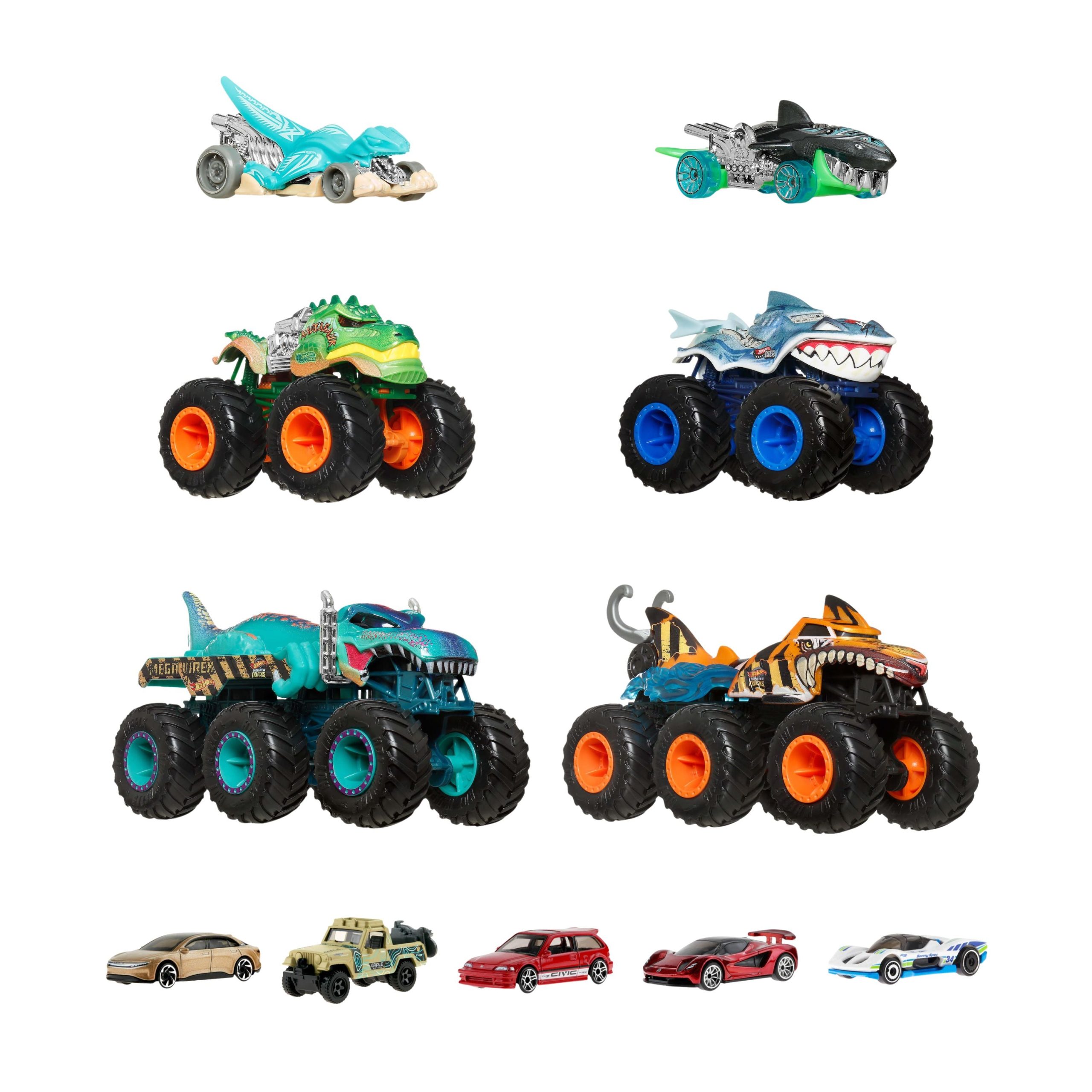 HW_Bundle.jpg Bundle: Hot Wheels Monster Trucks Sharks vs Dinos Multipack + 5 Assorted Vehicles - Image 1