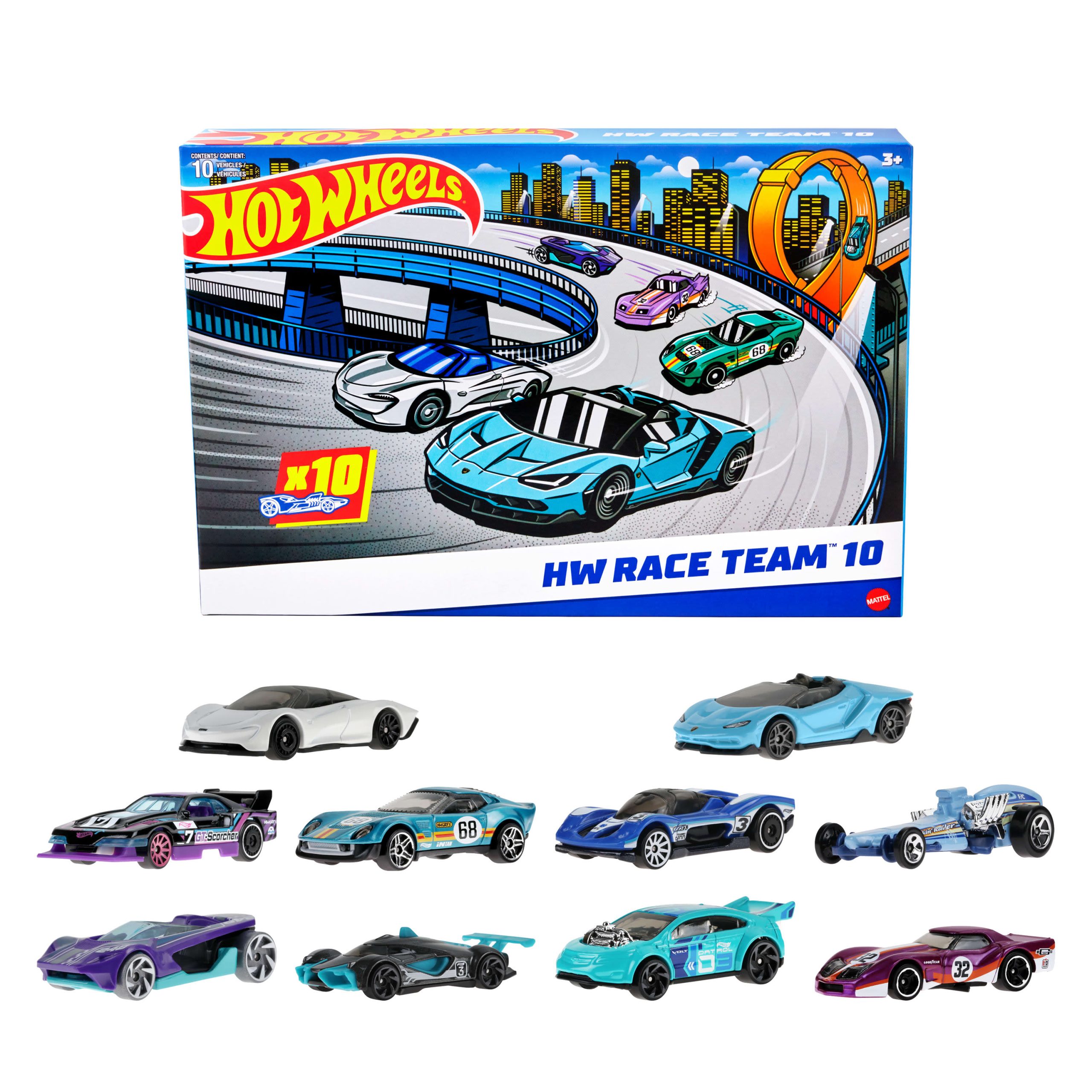 HYM96_eRetail_Assets__without_Feature_Callouts__1.jpg Hot Wheels Race Car 10-Pack, Set of 10 1:64 Scale Toy Vehicles (Styles May Vary)* - Image 1