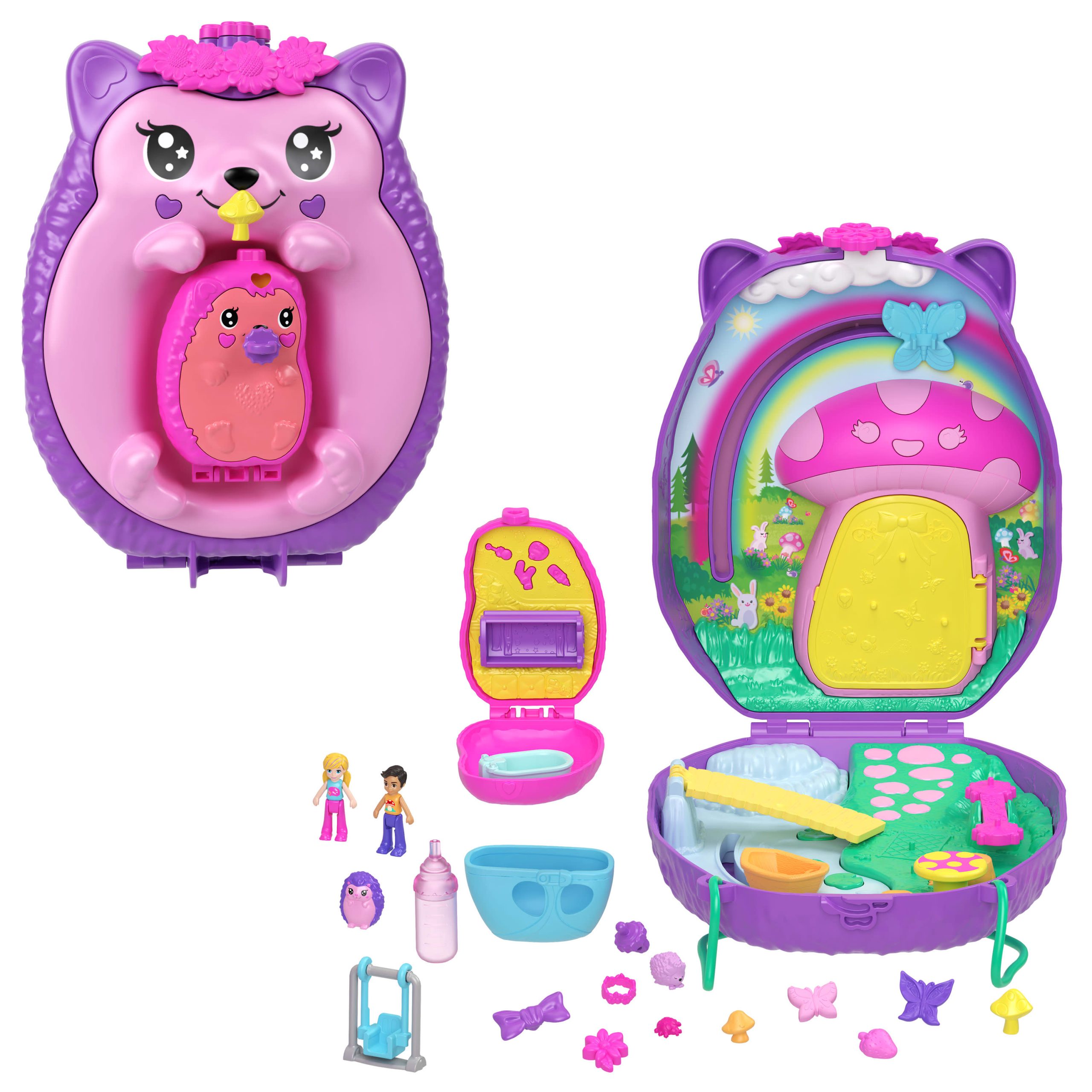 JBJ91_eRetail_Assets__without_Feature_Callouts__1.jpg Polly Pocket Hedgehog Mom & Baby Purse Playset - Image 1