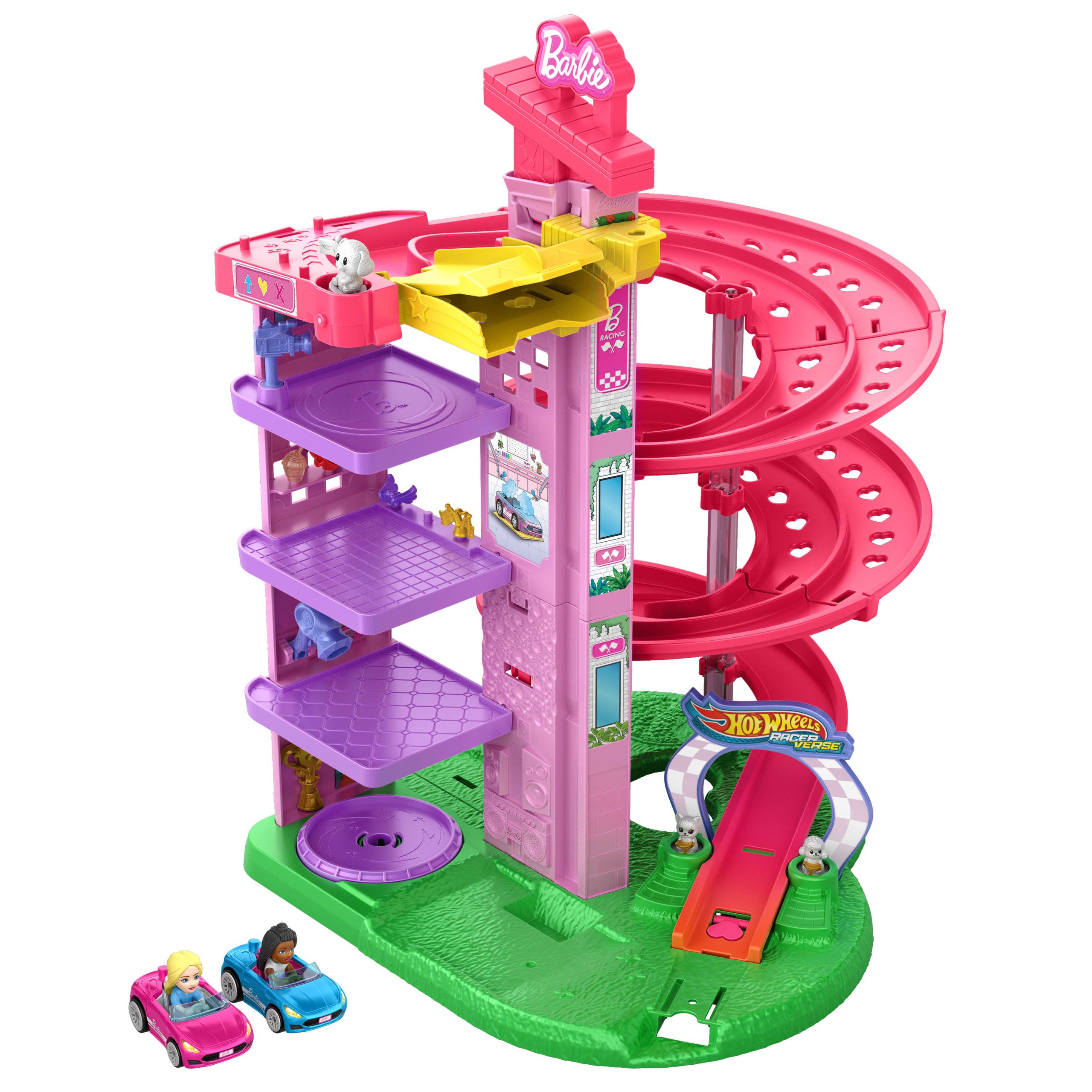 JDD65_eRetail_Assets__without_Feature_Callouts__1.jpg Hot Wheels RacerVerse Barbie Spiral Race Track Set - Image 1