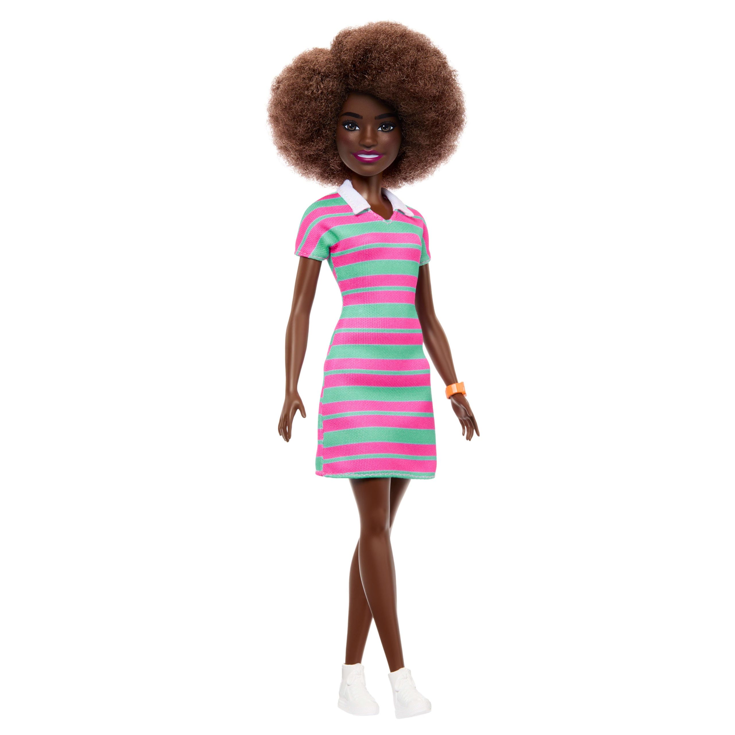 JJN60_W_26_158-3000x3000-a2f73b89-42b7-463f-bd14-a894c80c6e3e.jpg Barbie Fashionistas Doll #247 with Pink and Green Striped Dress - Image 1