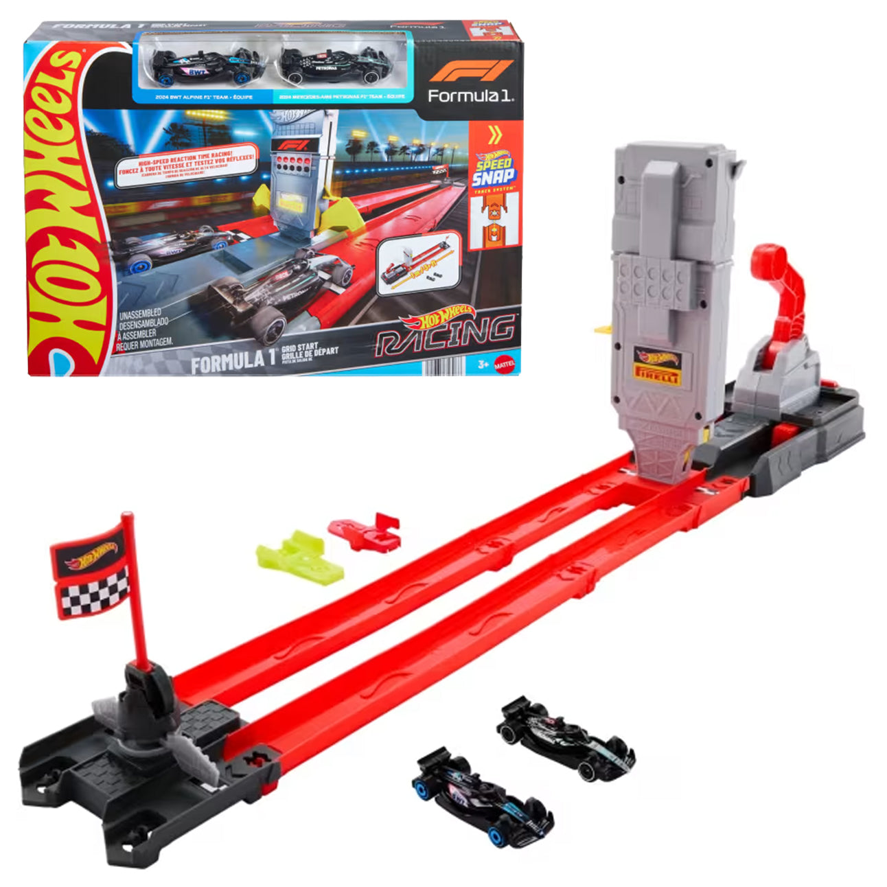 JKM88_1a.jpg Hot Wheels Racing Formula 1® Grid Start Track Set & 2 Die-Cast F1® Cars in 1:64 Scale - Image 1