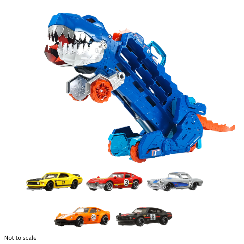 Mattel_-_Bundles.png Hot Wheels Bundle: Ultimate T-Rex Transporter + 10 Die-Cast Vintage Racing Club Car, Assorted - Image 1