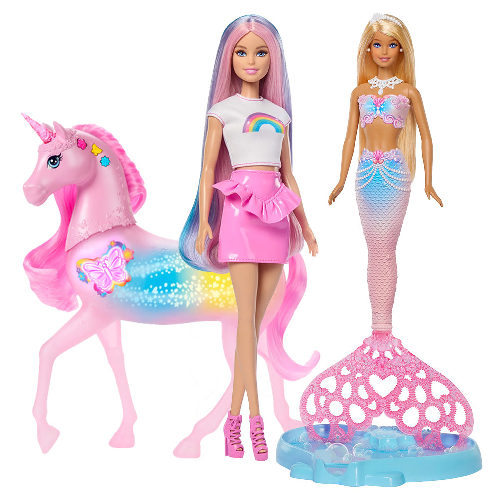 Sparkle-bundle.jpg Bundle: Bubble Sparkle Mermaid, Rainbow Sparkle Hair Doll & Sparkle Lights Unicorn - 3 Pack - Image 1