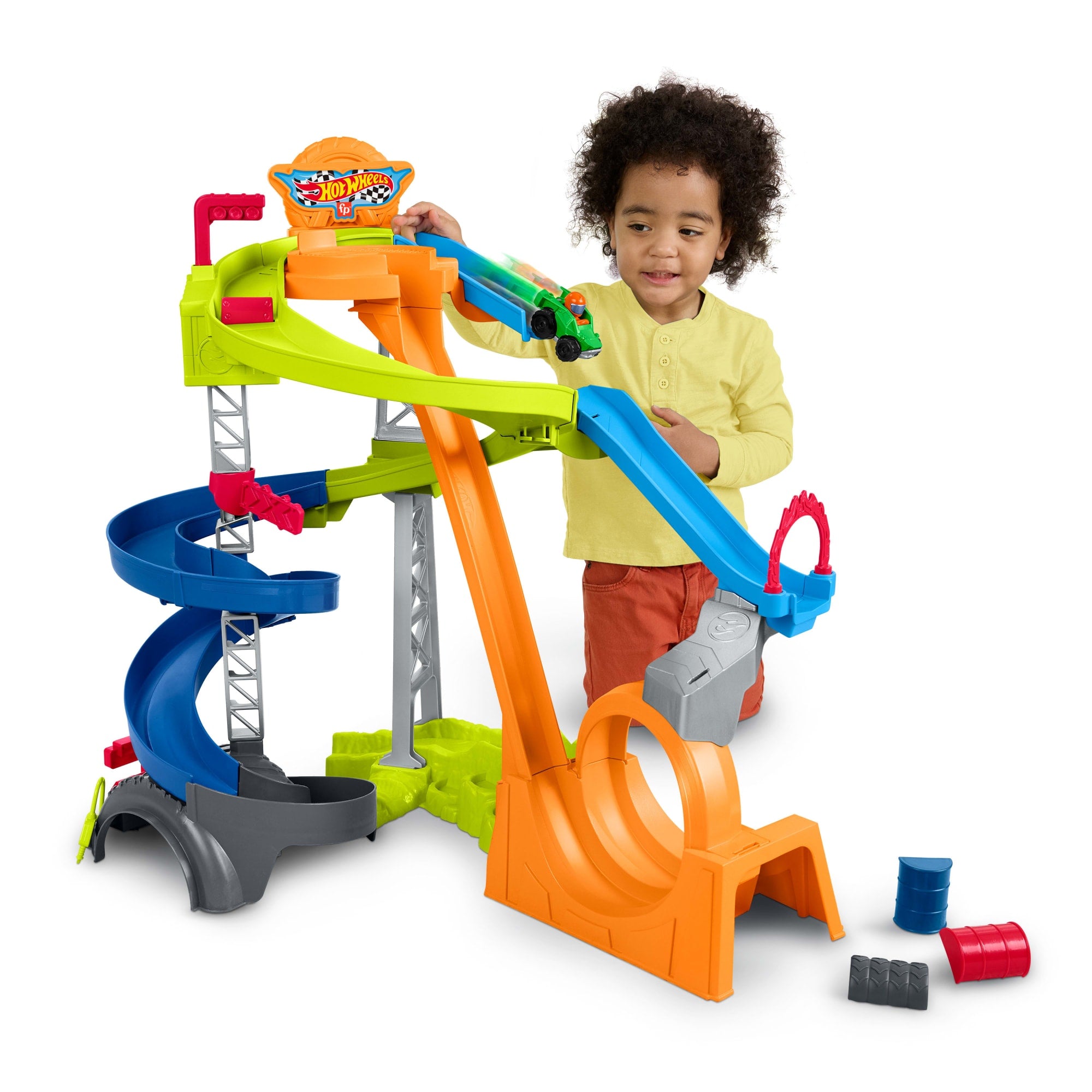 aeecdf38d5d45f7d51aac0e3134ad5b9813b2d8c Little People Hot Wheels Spiral Stunt Speedway Toddler Race Track Playset, 2 Toy Cars - Image 1