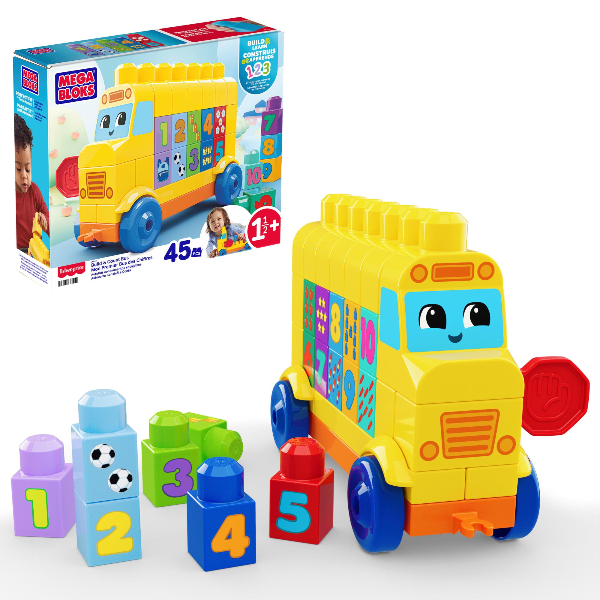 afdb1c1f04a2ee1811741fb6a65f9c4a2cef856e MEGA BLOKS First Builders Build & Count Bus Block Toy (45 Pieces) For Toddler - Image 1