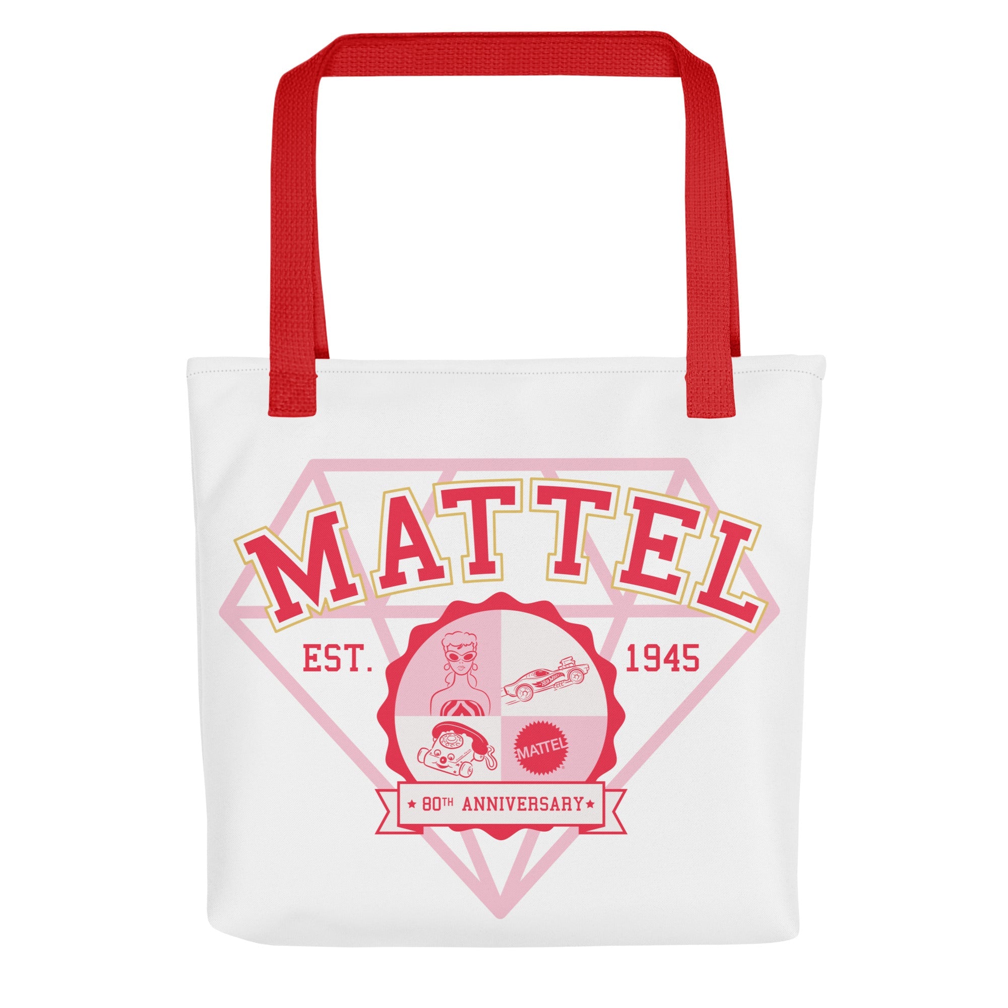 all-over-print-tote-bag-red-15x15-mockup-67649851e07bc.jpg Mattel 80th Heritage Logo Tote Bag - Image 1