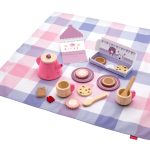 Fisher-Price Wooden Picnic Tea Set For Kids With Blanket, Wood Cups & Saucers, 18 Pieces