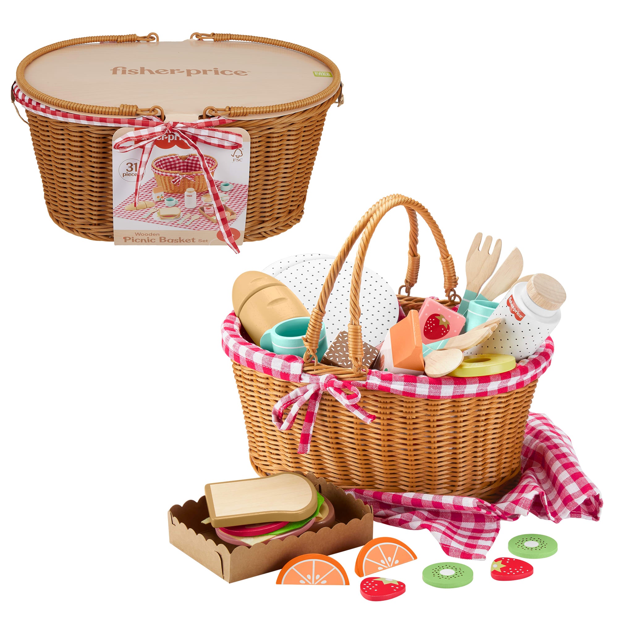 baf201d0f9efdee2bb28ae7e13e256b95ace8766 Fisher-Price Wood Pretend Play Toy Picnic Basket, 31-Piece Wooden Food Playset For Preschool Kids Ages 3+ Years - Image 1