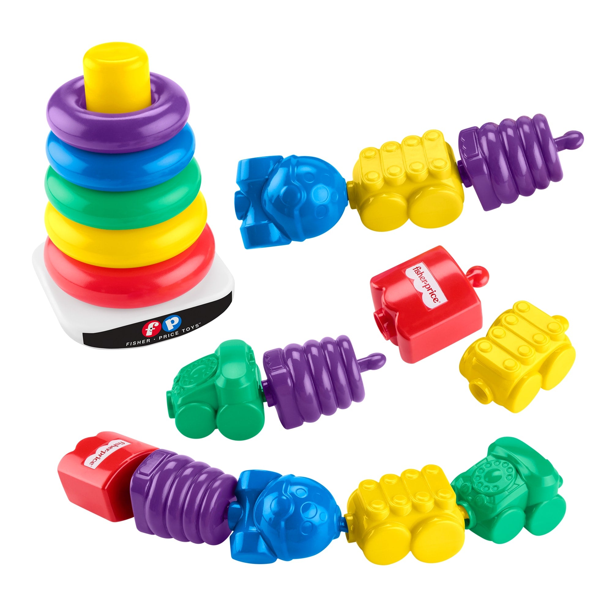 c4a85ef30bc1fbd6168ac49fa01da9e8c936346f Fisher-Price Rock-A-Stack & Snap Lock Beads Baby Toy Set, Mattel Replay The Classics Collection - Image 1
