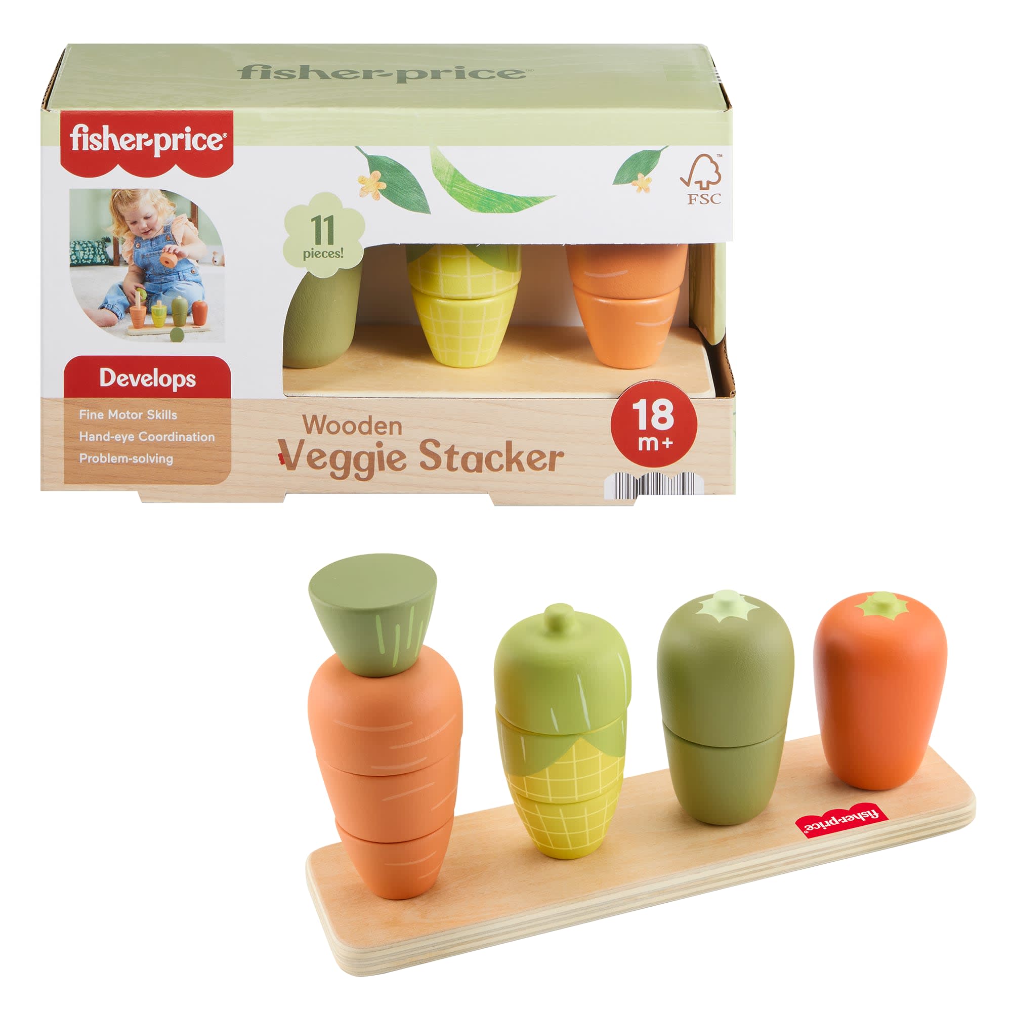 cae21153261fd91e77ac94420896221a040167cc_b85b764e-36a0-4a28-bed5-93001154d79b Fisher-Price Tiny Garden Wooden Veggie Stacker Toddler Activity Toy, 11 Wood Pieces - Image 1