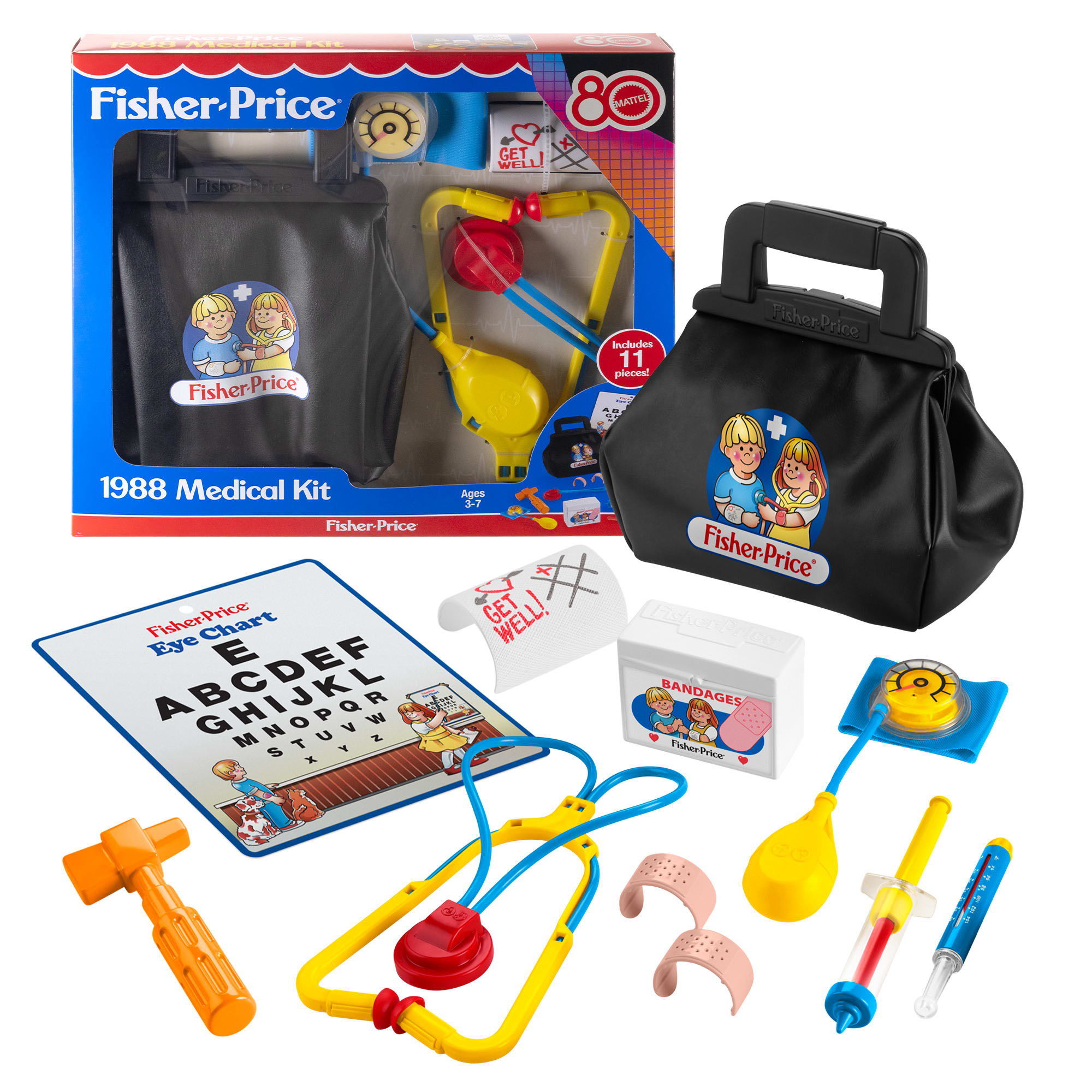 d1db43063c06f34238b61f6242c35c7582eb9b9a Fisher-Price 1988 Medical Kit 11-Piece Pretend Play Set, Mattel 80th Flashback Playback - Image 1
