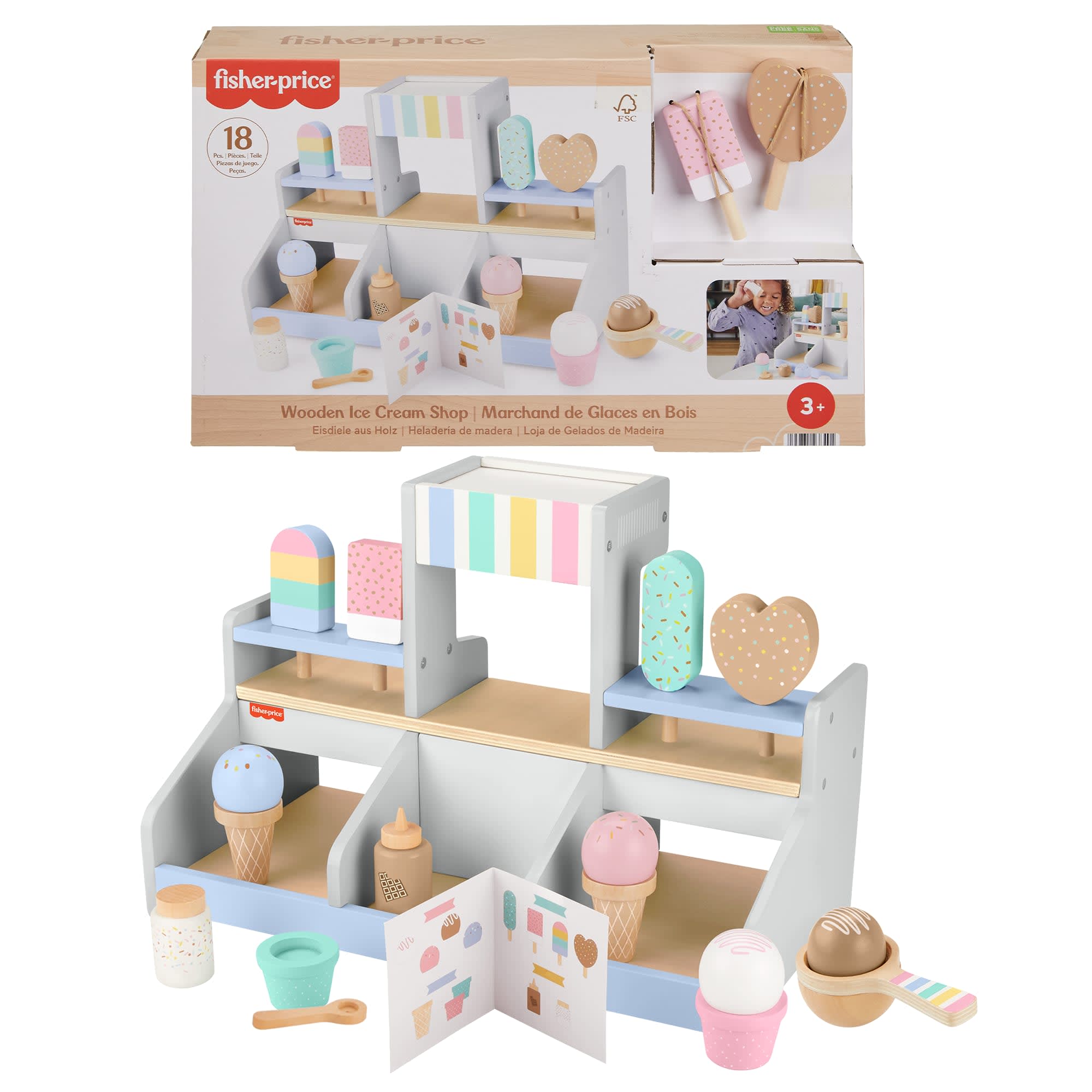 d2dcb5a21e0be1ae21ed71112c5906d8ef3581f3 Fisher-Price Wooden Ice Cream Shop Set For Preschool Pretend Play, 18 Wood Pieces - Image 1
