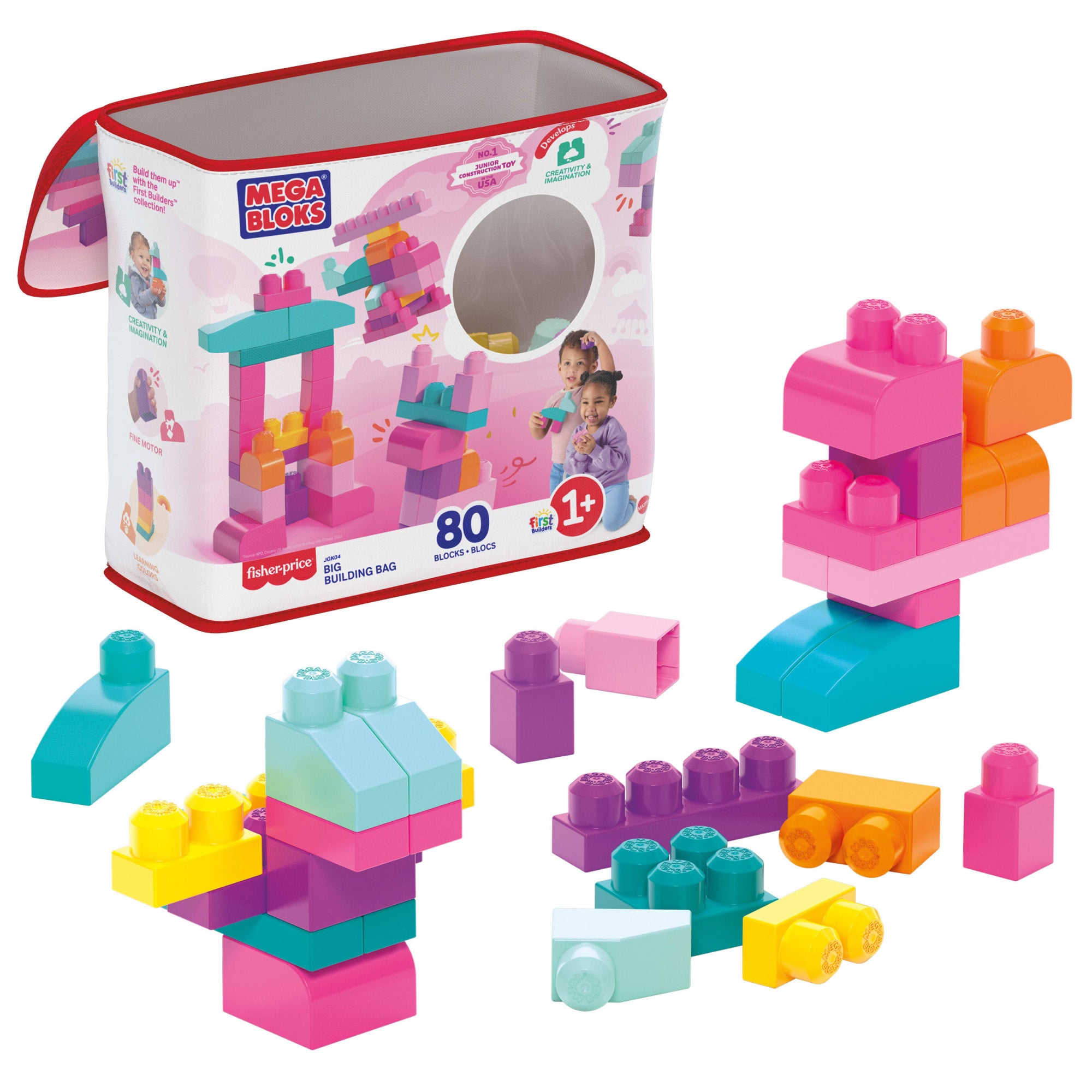 d8a0fb69570ef8c3d6f5401d177f86fbe68bc296 MEGA BLOKS First Builders Big Building Bag Toy Blocks With Storage Bag (80 Pieces) For Toddler - Image 1