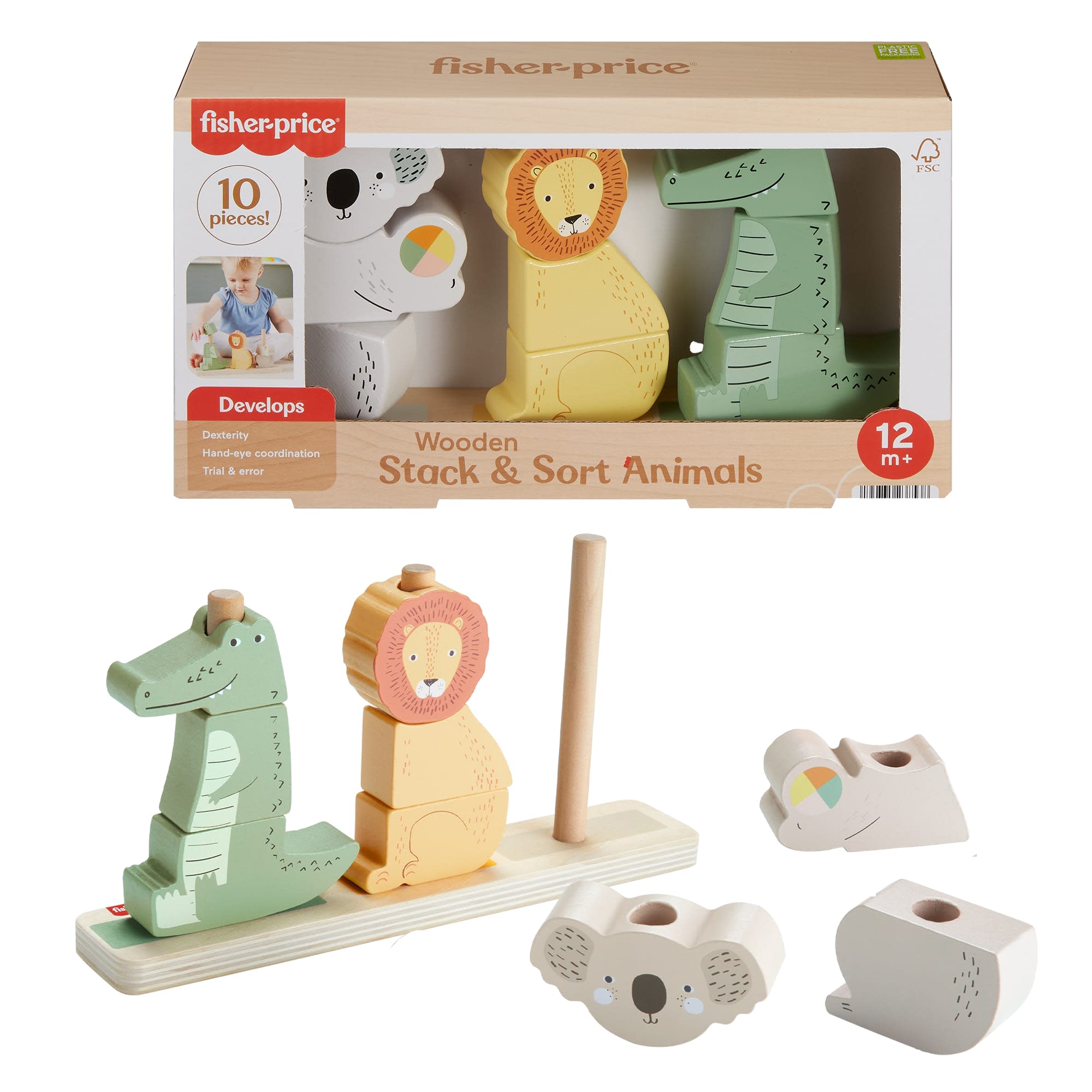 dc0f61c4ccea4a8d2ce07b0bbc3f0ec49ba3c21c Fisher-Price Wooden Stack & Sort Animals Baby & Toddler Toy, 10 Wood Pieces - Image 1