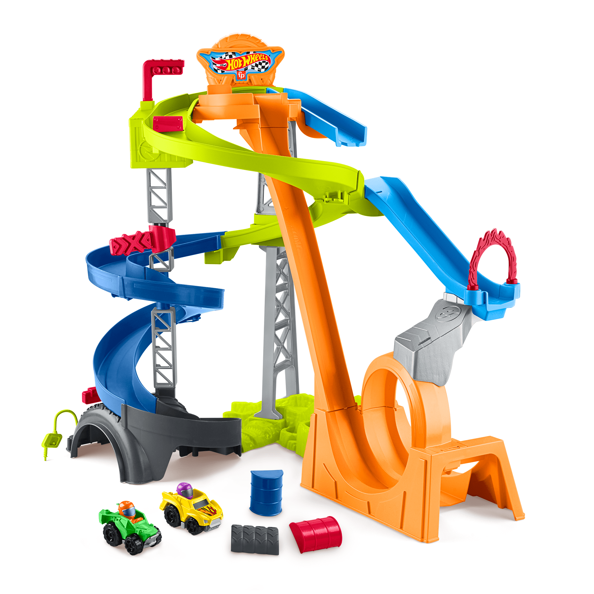 eozetelcoi4h7knboyay_3b4de5cb-2bee-4138-88a7-262750c53c39 Little People Hot Wheels Spiral Stunt Speedway Toddler Race Track Playset, 2 Toy Cars - Image 1