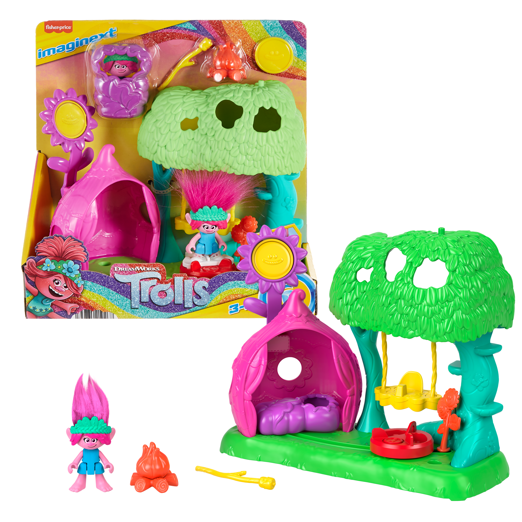 iik6hrefmw23wbc2dalq_a41ccee7-6531-4a1d-99da-6871fcf8c96d Imaginext Dreamworks Trolls Flower Fun Campsite Playset With Poppy Figure & 4 Play Pieces - Image 1