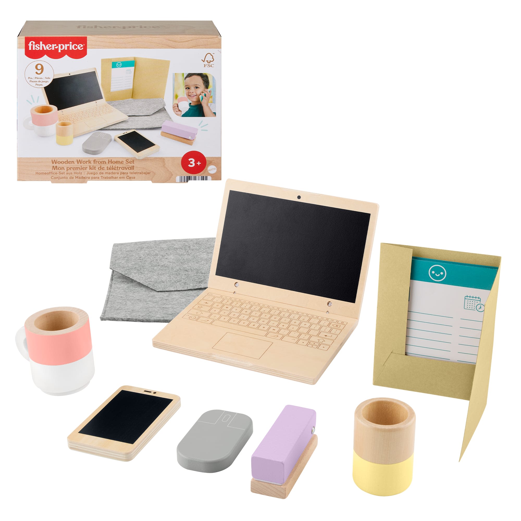 jr1y0orqkl5pjsr8x3ur Fisher-Price Wood Pretend Play Work From Home Set, 9-Piece Office Playset With Wooden Toy Laptop & Phone For Preschool Kids Ages 3+ Years - Image 1